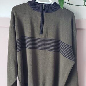 Vintage Gran Sasso Olive Green Quarter-Zip Striped Sweater - Made in Canada-XL